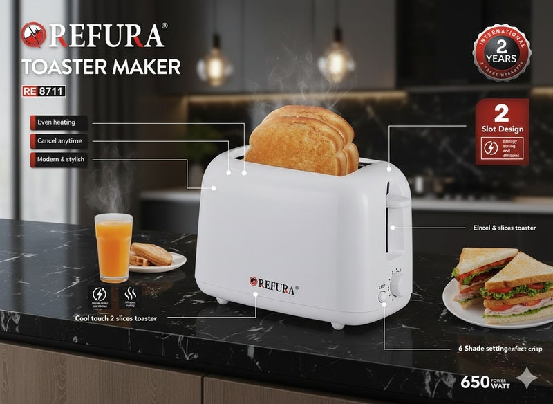 2 Slice Electric Bread Toaster | 650W |with 6 Adjustable Shade & Temperature Settings | White RE-8711